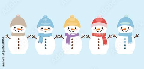 Adorable Snowmen in Winter Hats and Scarves for Festive Holiday Decor flat vector illustration