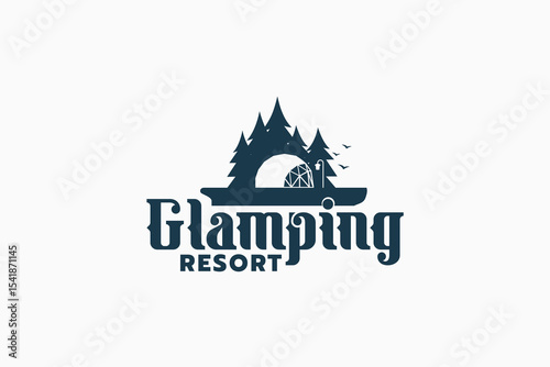 Glamping resort logo with a combination of pine forest and luxury tent. It is good for outdoor activity business, rental, travel, etc.
