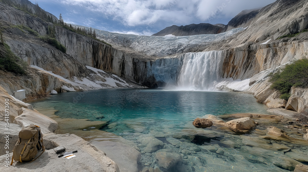Naklejka premium Melting glacier revealing turquoise water in Arctic landscape