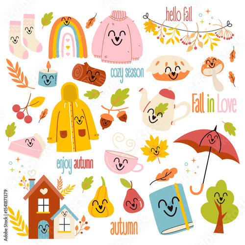 Autumn kawaii elements pack. Autumn clipart