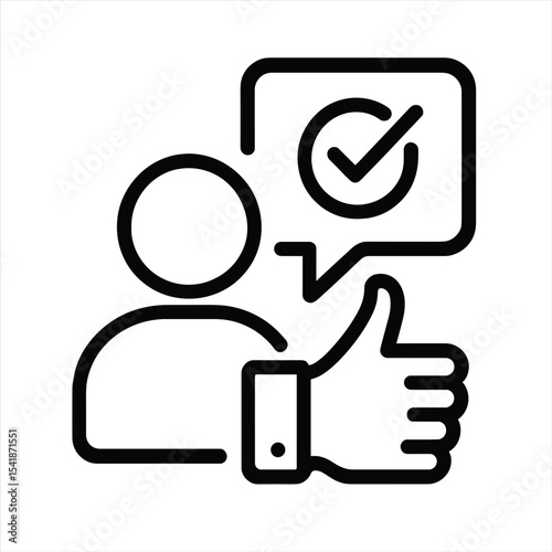 Line art illustration of a person giving a thumbs up with checkmark. Get feedback  