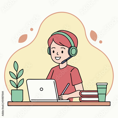 Happy person working from home on laptop
