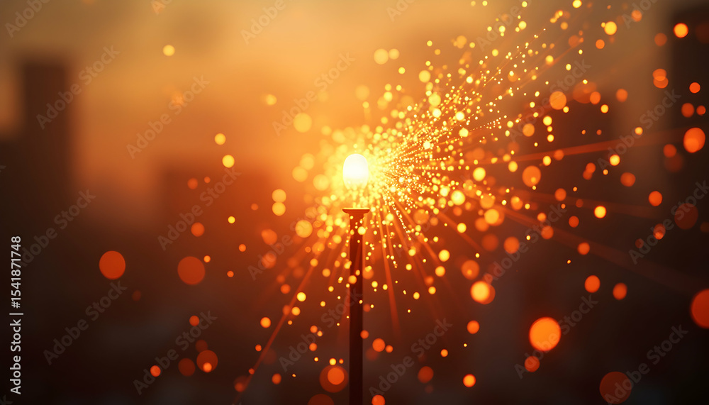 Fototapeta premium Lamp Post with Golden Light and Bokeh Effect Glowing