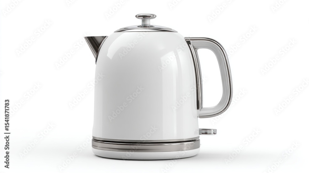 Fototapeta premium Modern, sleek white kettle with chrome accents. Features a lid, handle, and spout
