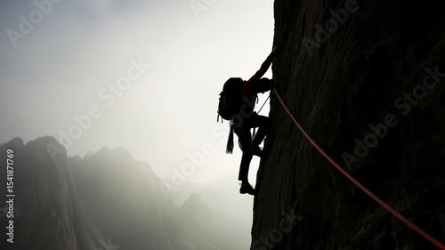 Man Climbing Steep Rock Face with Gear in Misty Mountains