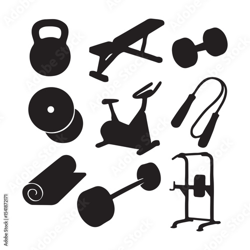 Gym instruments set silhouette vector illustration on white background. Gym objects silhouette design.