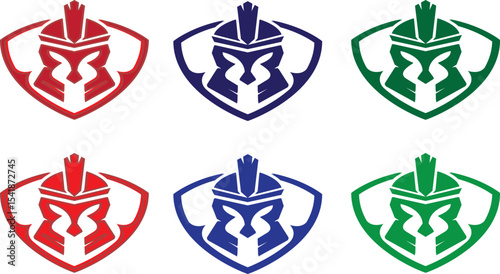 Collection of six gladiator helmets in red, green, and blue shades. Top row in dark tones, bottom row in lighter hues. Perfect for gaming, character icons, or battle-themed designs.