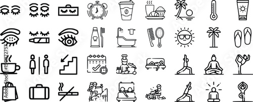 Black and White Line Icons Daily Routine Travel Wellness Yoga