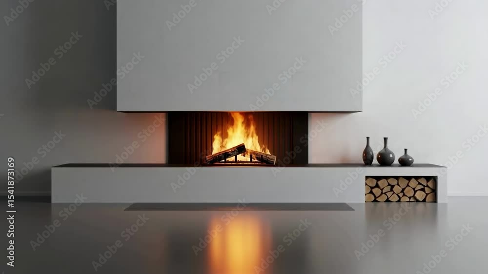 Modern minimalist fireplace with a burning fire and neatly stacked logs in a stylish interior, creating a warm and cozy ambiance, symbolizing home comfort and contemporary design aesthetics