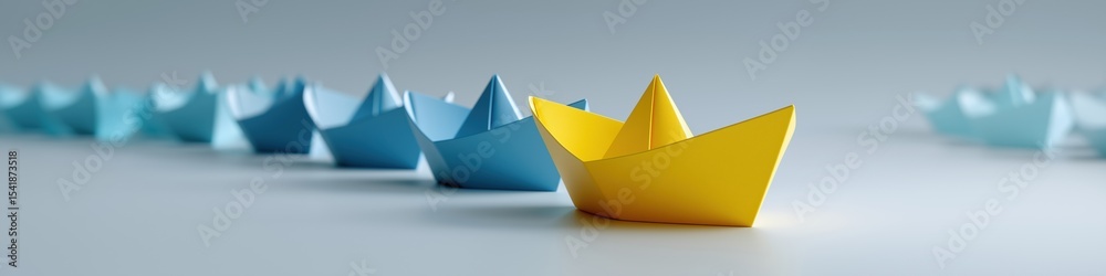 A row of paper boats are lined up, with one yellow boat standing out as the only one. Concept of simplicity and creativity, as the yellow boat represents a unique A row of paper boats are lined up, with one yellow boat standing out as the only one. Concept of simplicity and creativity, as the yellow boat represents a unique