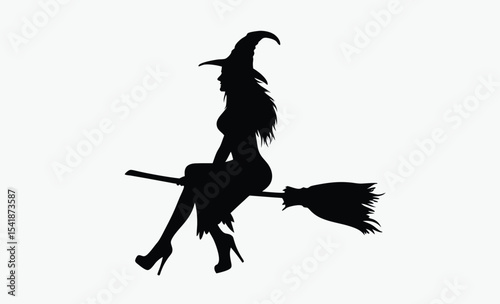 Witch flying silhouette, broomstick halloween icon, striped stockings vector, spooky witch design