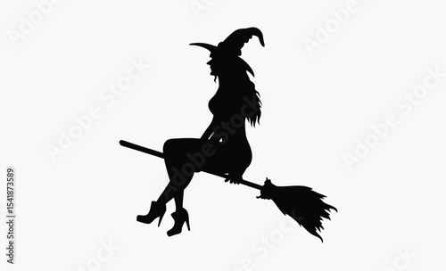 Witch flying silhouette, broomstick halloween icon, striped stockings vector, spooky witch design