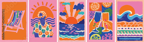 Colourful abstract summer background collection. hand drawn doodle style