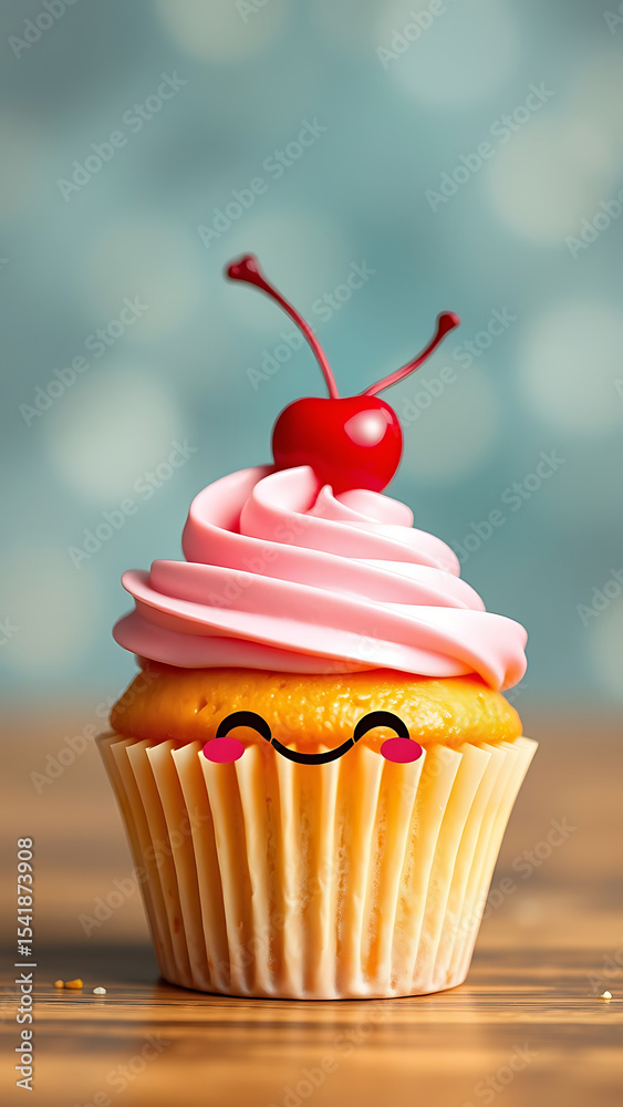 Cute smiling cupcake with pink frosting and cherry on top in flat design vector illustration vertica Cute smiling cupcake with pink frosting and cherry on top in flat design vector illustration vertica