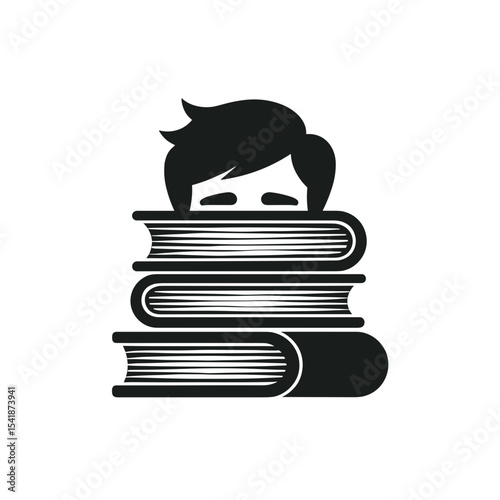 A student hiding behind a stack of books, black and white icon for academic blogs