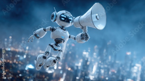 Futuristic robot announces message with megaphone