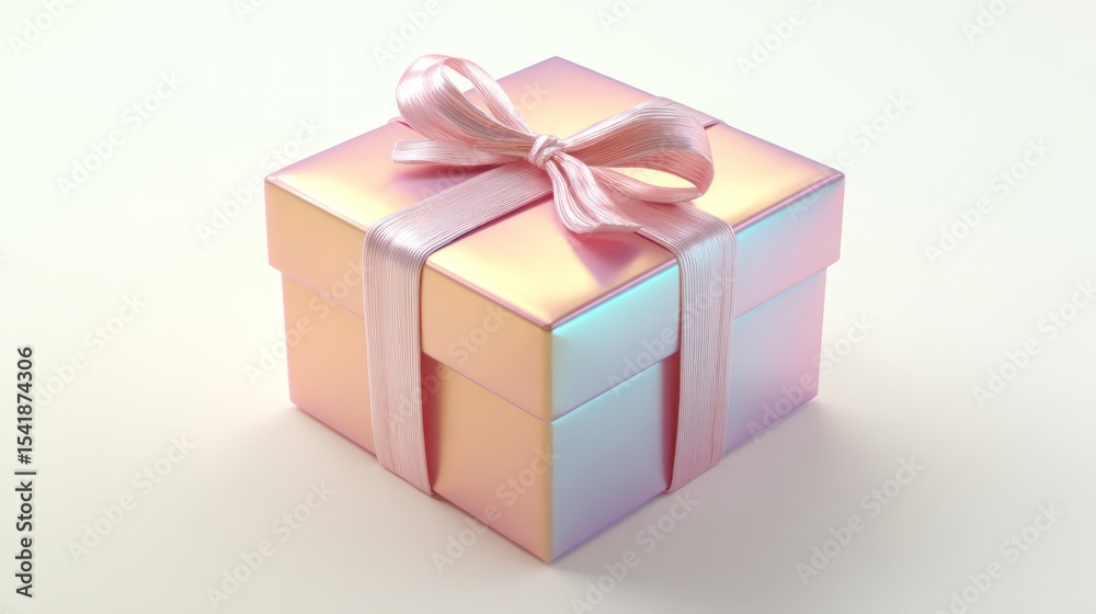 Obraz premium Pastel iridescent gift box with pink ribbon