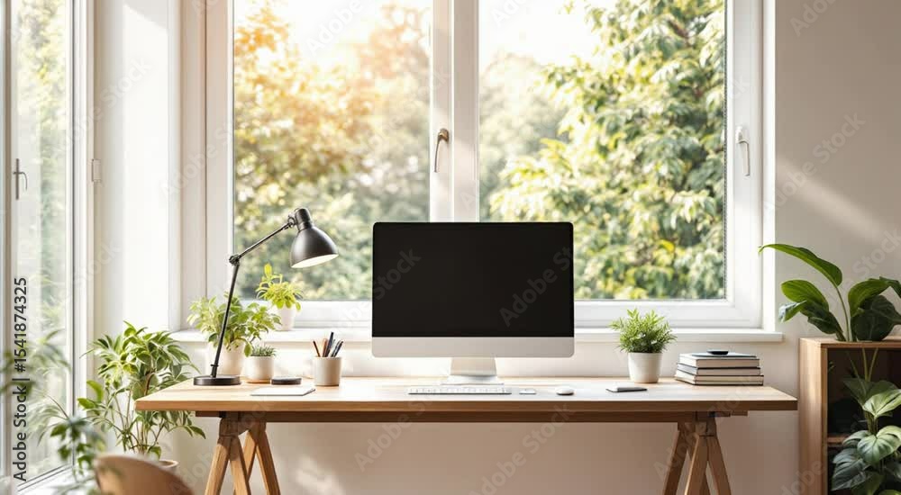 A bright 4K view of a modern home office with a minimalist wooden desk, computer monitor, indoor plants, and sunlight streaming through large windows. Perfect for themes of productivity, remote work, 