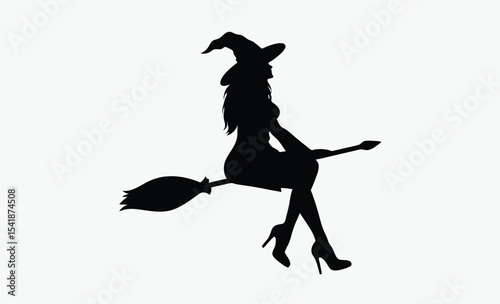 Witch flying silhouette, broomstick halloween icon, striped stockings vector, spooky witch design