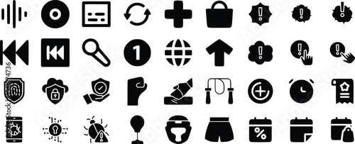 Black Glyph Icon Set Multimedia Security Sports glyph icons