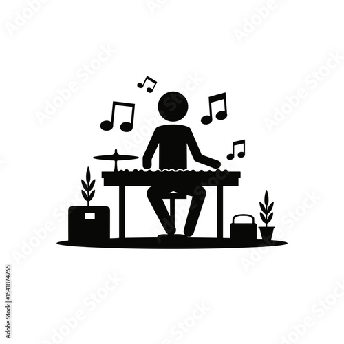 Silhouette person playing music on a keyboard against a white background, for blogs