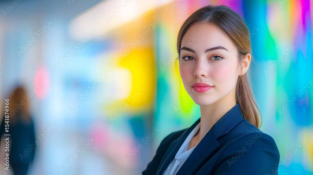 Obraz premium Confident young woman in a professional outfit stands against a colorful background, symbolizing modern business success and innovation.