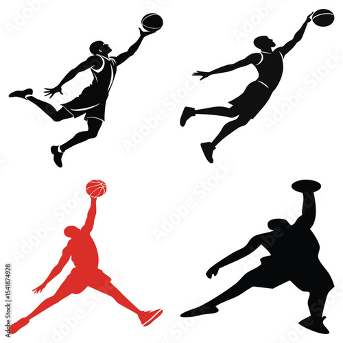 Basketball Player Silhouettes Dynamic Action Poses in Black and Red on White