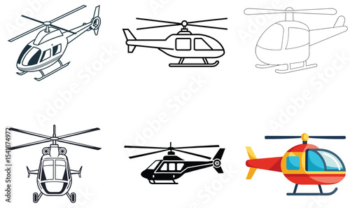 Collection of Helicopter Illustrations in Various Styles and Formats on White Background