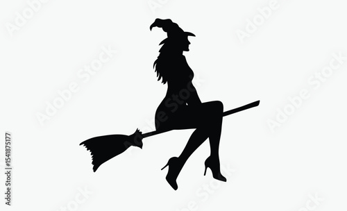 Witch flying silhouette, broomstick halloween icon, striped stockings vector, spooky witch design