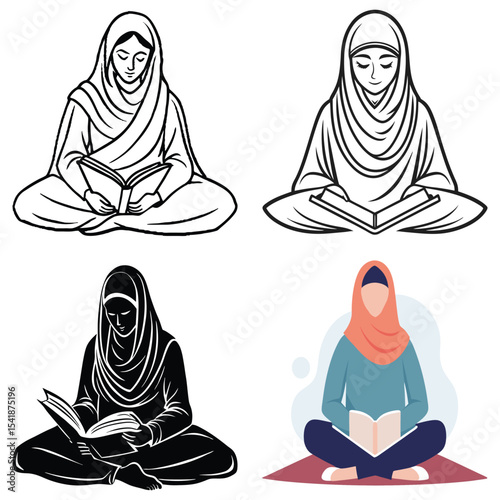 Illustrations of Muslim Women Reading Books in Different Styles and Colors