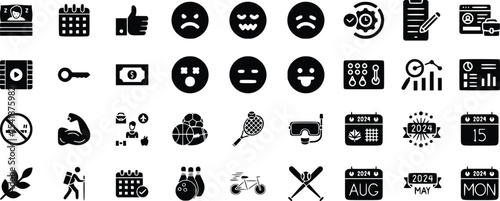 Black Glyph Icons Set Calendar Emojis Sports Activities