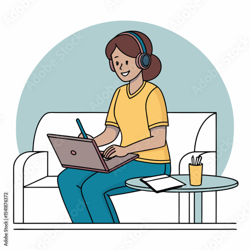 Woman with headphones working on laptop at home