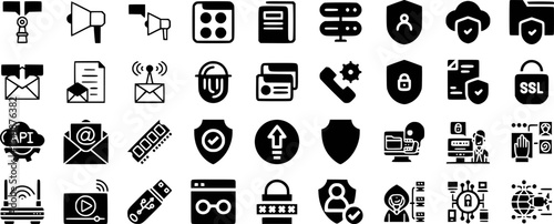 Black Glyph Icons Set Data Security Network Communication