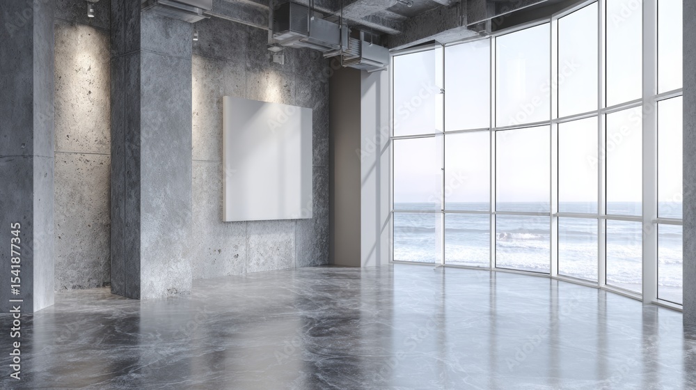 Fototapeta premium Modern empty loft interior with polished concrete floor, large windows, natural sunlight, and minimal 3D architectural space overlooking scenic nature through wide glass panels