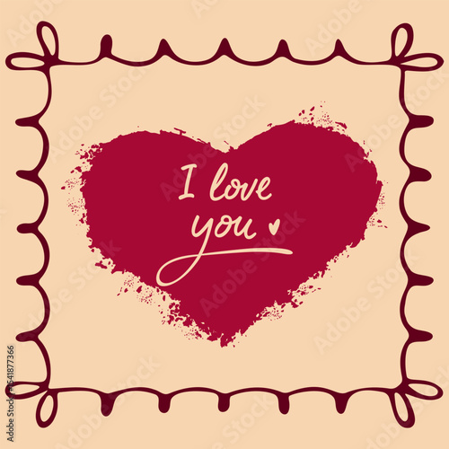 Romantic red heart with handwritten I love you message and decorative border. Ideal for love cards, wedding designs, or Valentines graphics. Vector art