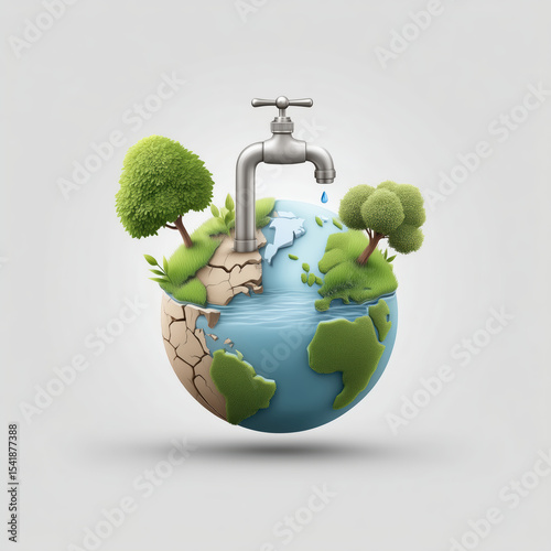 Earth with half of it represented as cracked and dry land, while the other half is lush with green vegetation and blue water. A dripping faucet is placed on cracked area. Concept of water scarcity