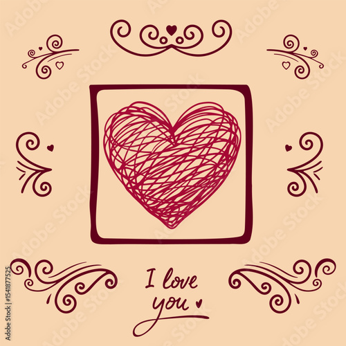 Romantic doodle style heart with handwritten I love you text and decorative swirls, perfect for greeting cards or love notes.