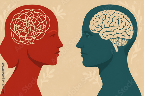 Conceptual Illustration Depicting Mental Health Differences with Tangled Thoughts Versus Clear Brain Activity in Flat Vector Design Style