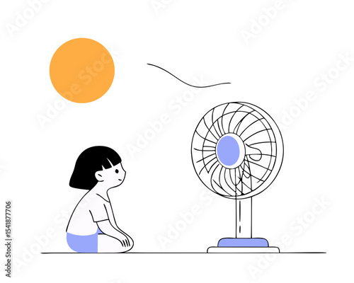 Girl child sitting in front of electric fan blowing in hot summer day vector on white background