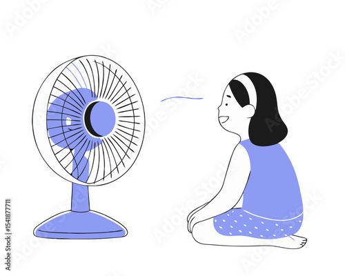 Girl child sitting in front of electric fan blowing in hot summer day vector on white background
