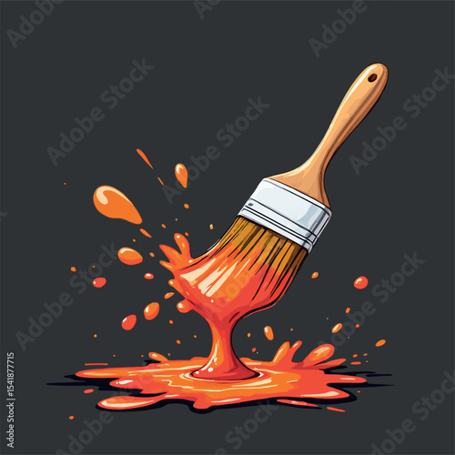 Vsai paintbrush dripping orange paint with splashes on dark background