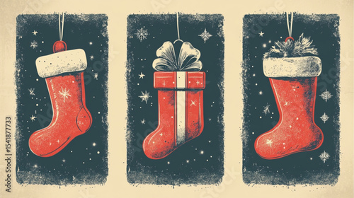 christmas sock with gifts on red background