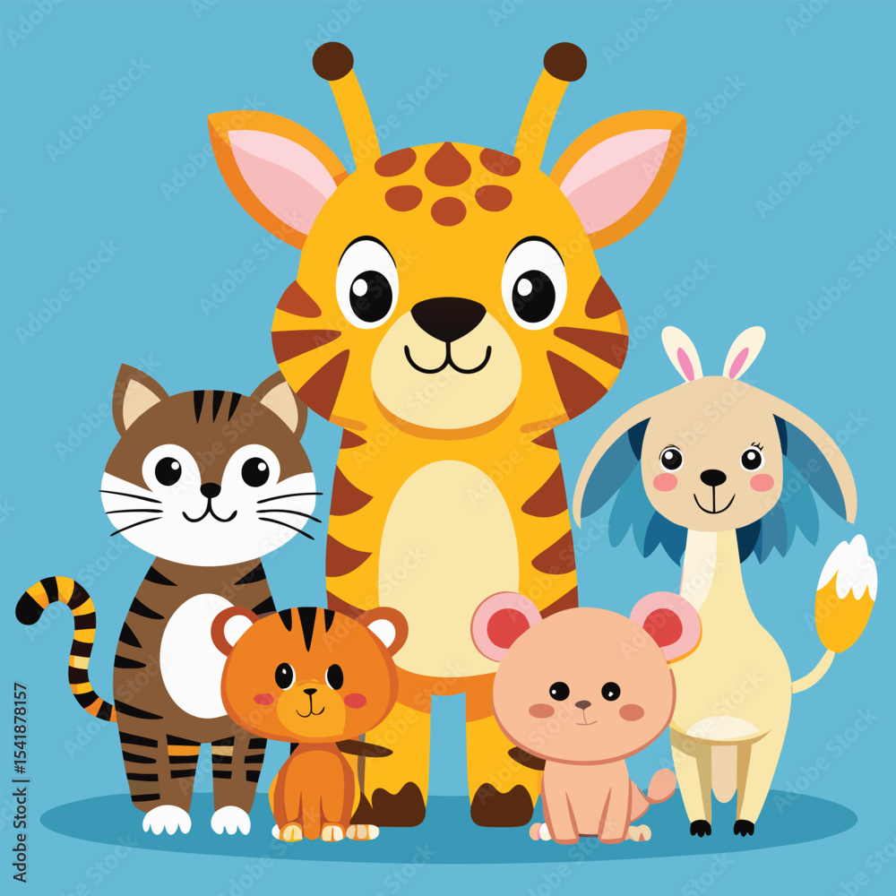 Fototapeta premium Wild Animal Group Enjoying Nature – Colorful Vector Illustration a-beautiful-lush-green-forest-landscape--a--carto