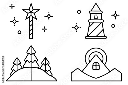 North Pole Sign Line Art Vector Set