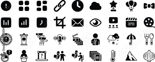 Black Glyph Icons Set Multimedia Communication Time Data