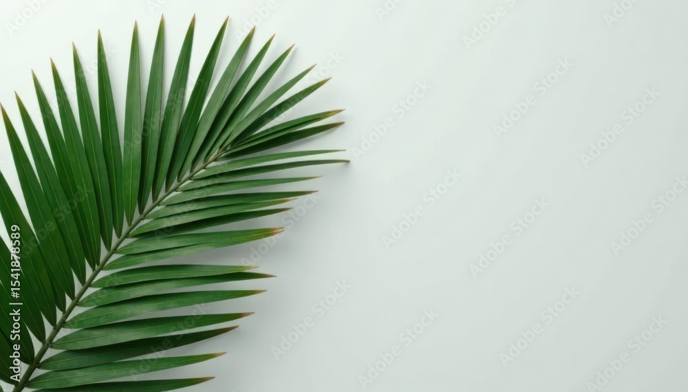 Fototapeta premium Muted gray, single palm frond, clean lines, cosmetic product space, palm leaf, cosmetic