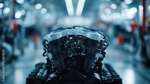 A close-up of a high-tech engine openly displayed in a modern factory, showcasing advanced automotive engineering and manufacturing innovation in a clean and efficient environment.
