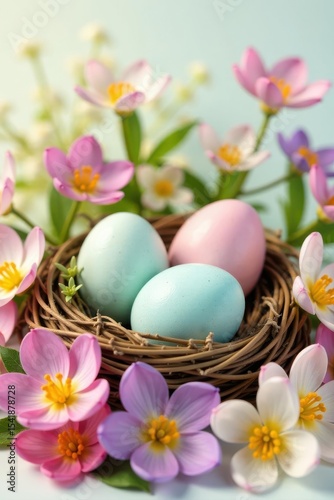 Pastel quail eggs nestled amongst vibrant spring blossoms on white , happy easter, background, close-up