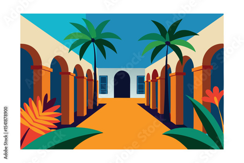 Vibrant Courtyard Tropical Paradise Architectural Illustration