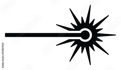 Laser beam with spark vector icon. Laser ray warning, cutting tool, scientific or hazard symbol. Black silhouette, isolated.